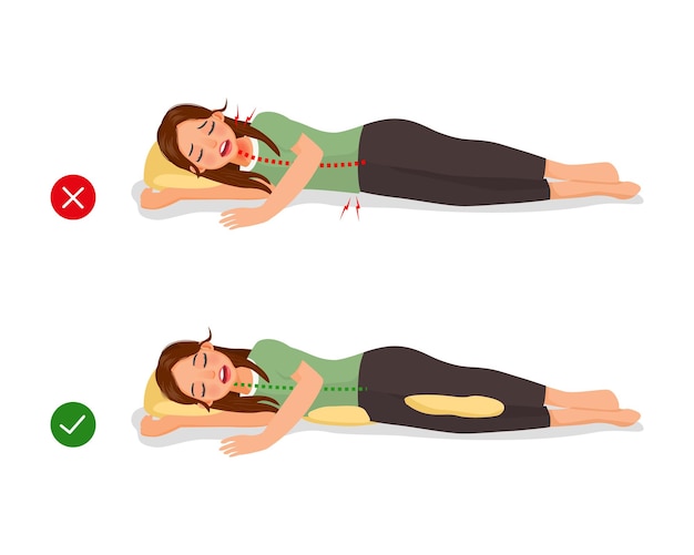 Incorrect and correct neck spine and knee alignment of young woman sleeping body posture