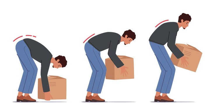 Vector incorrect lift of heavy box concept man stand up with cardboard pack in hands back safety injury prevention technique