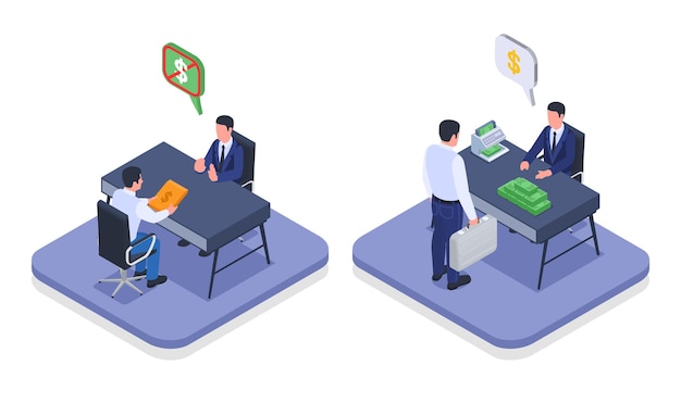 Incorruptible official vs accepting bribe payment bureaucrat attorney corruption money laundering 2 isometric compositions isolated vector illustration