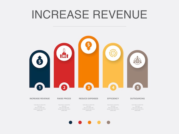 Increase revenue Raise prices reduce expenses efficiency outsourcing icons Infographic design layout template Creative presentation concept with 5 steps