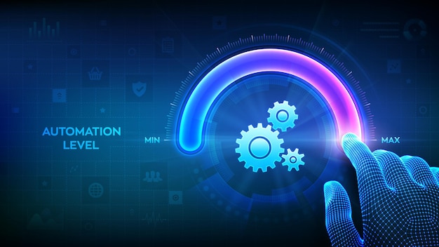 Increasing automation level RPA Robotic process automation innovation technology concept Wireframe hand is pulling up to the maximum position circle progress bar with the gears icon Vector