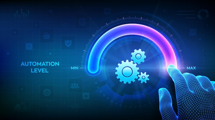 Vector increasing automation level rpa robotic process automation innovation technology concept wireframe hand is pulling up to the maximum position circle progress bar with the gears icon vector