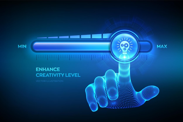 Increasing Creativity Wireframe hand is pulling up to the maximum position progress bar with the creativity icon Innovative and Solution Idea and imagination Creative mode Vector illustration