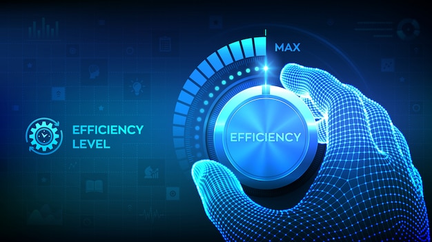 Increasing Efficiency Level. Wireframe hand turning a efficiency test knob to the maximum position.