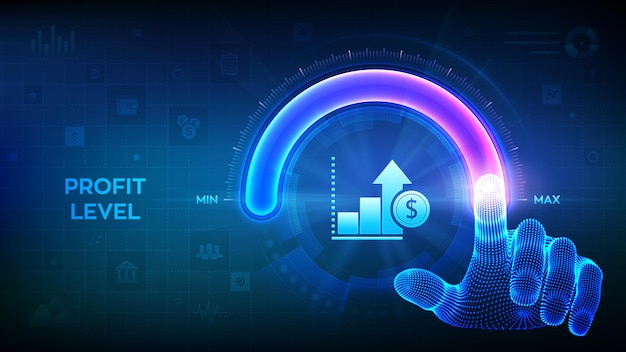 Increasing Profit Level Wireframe hand is pulling up to the maximum position circle progress bar with the profit icon Finance concept of profitability or return on investment Vector illustration