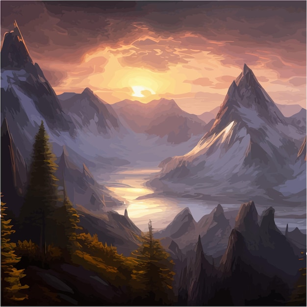 Vector incredible mountain landscape in clouds with forest and a river vector illustration breathtaking