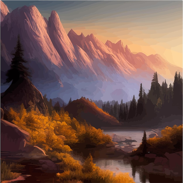 Vector incredible mountain landscape in clouds with forest and a river vector illustration breathtaking