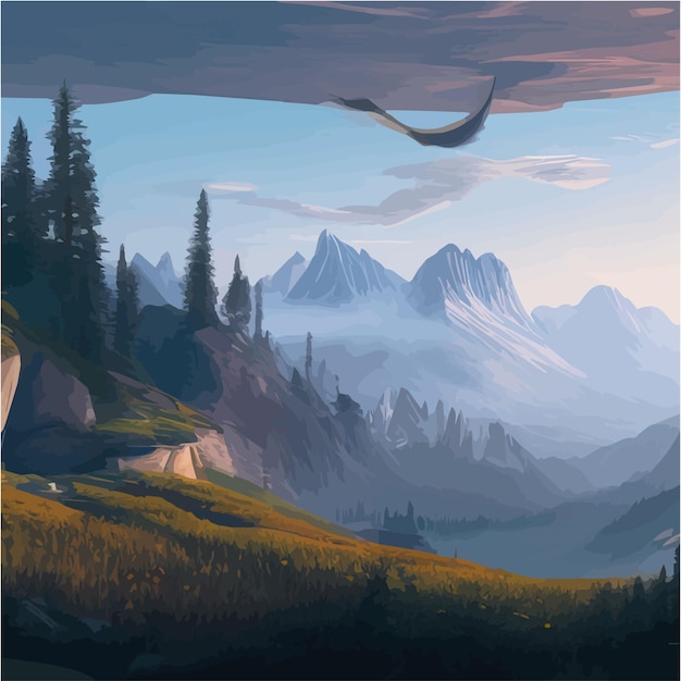 Incredible mountain landscape in clouds with forest and a river vector illustration breathtaking