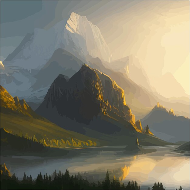 Vector incredible mountain landscape in clouds with forest and a river vector illustration breathtaking