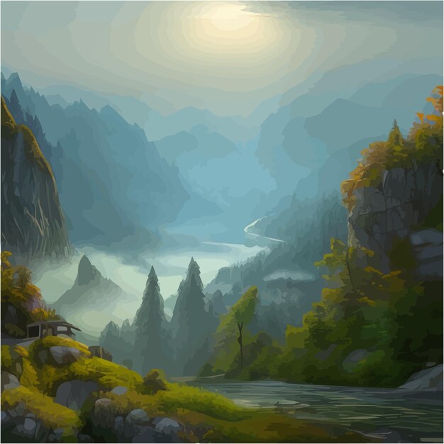 Vector incredible mountain landscape in clouds with forest and a river vector illustration breathtaking