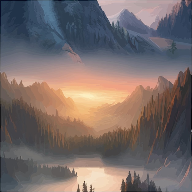 Incredible mountain landscape with forest and river vector illustration breathtaking wildlife view