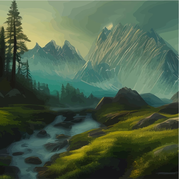 Vector incredible mountain landscape with forest and river vector illustration breathtaking wildlife view