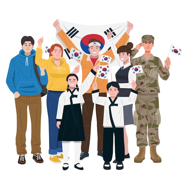 Indepedence day Korean people holding National flags Vector