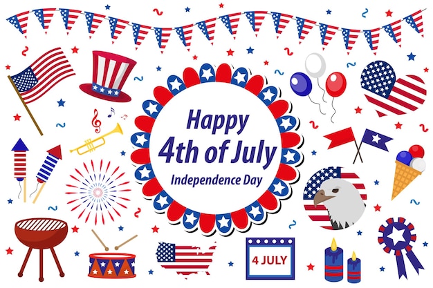 Celebrazione del giorno dell'indipendenza in america negli stati uniti icone set design elemento piatto stile oggetti da collezione per la festa nazionale del 4 luglio con una bandiera mappa barbecue bunting fuochi d'artificio illustrazione vettoriale