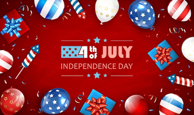 独立記念日の背景と7月4日のレタリング、風船ギフトボックスとロケット花火赤い独立記念日のテーマイラストは、ホリデーデザインカードのポスターバナーに使用できます。