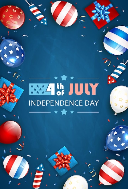 Sfondo e testo del giorno dell'indipendenza 4 luglio con palloncini scatole regalo e fuochi d'artificio a razzo l'illustrazione a tema del giorno dell'indipendenza blu può essere utilizzata per le carte di design per le vacanze poster banner