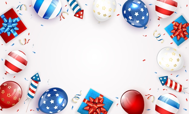 Independence day background theme of 4th of july with balloons gift boxes and rocket fireworks white independence day theme illustration can be used for holiday design cards posters banners