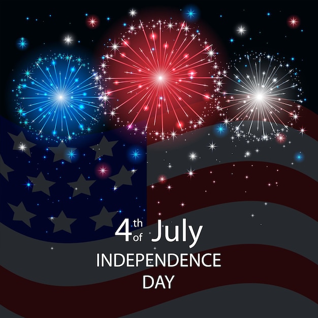 Вектор День независимости фон с американским флагом и фейерверком на темном небе 4 июля иллюстрации