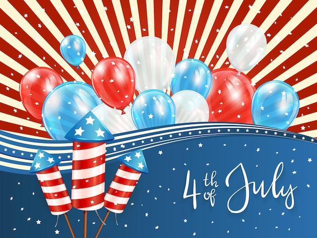 Sfondo del giorno dell'indipendenza con linee rosse e scritte 4 luglio con palloncini e illustrazione di fuochi d'artificio a razzo