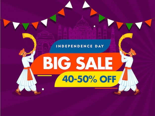 Independence day big sale poster line art india famosi monumenti e due uomini che suonano tutari horn su sfondo viola raggi.