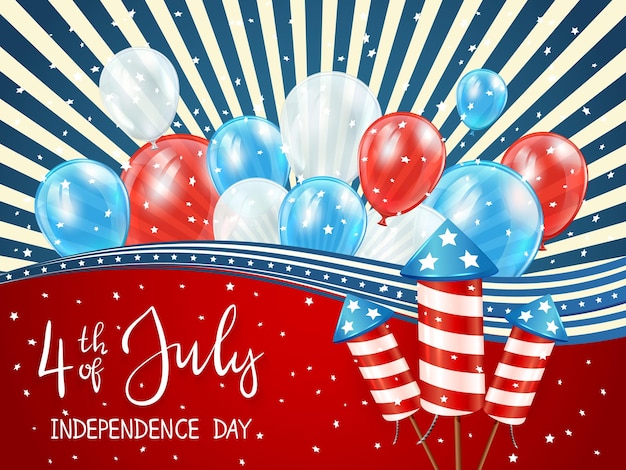 Vector independence day blue striped background with balloons and rocket fireworks on red 4th of july