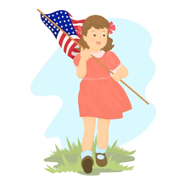 Vector independence day cute little girl waving usa flag independence day usa