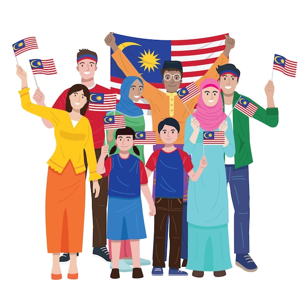 Independence day illustration of malysian people holding small flags