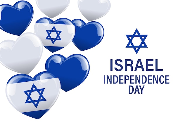 Vector independence day israel banner with blue and white balloons hearts israeli flags illustration