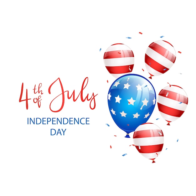 Vector independence day theme lettering independence day 4th of july with balloons and confetti on white background illustration can be used for holiday design cards posters banners