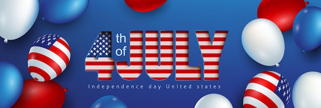 Vector independence day usa celebration banner with american balloons flag and text paper cut style. 4th of july poster template.