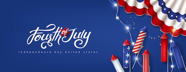 Independence day USA celebration banner with festive decoration american. 4th of July poster template.