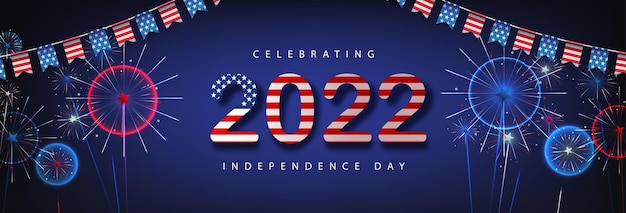 Banner di celebrazione del giorno dell'indipendenza usa con sfondo di fuochi d'artificio e testo 2022 bandiera americana