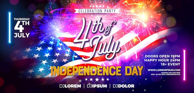 Vector independence day of the usa horizontal party banner design with american flag and fireworks