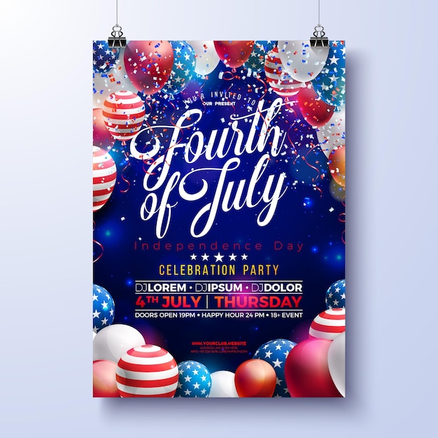 Vector independence day of the usa party flyer with american flag pattern balloon and falling confetti