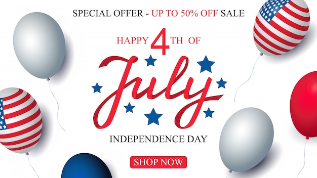 Independence day USA sale celebration banner template american balloons flag decor. 4th July vector