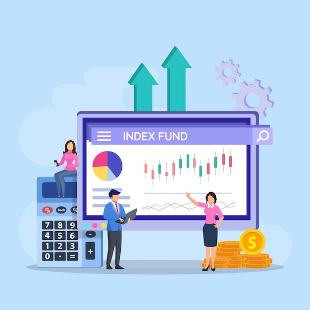 Index fund concept business people analyzing a growth index fund graph vector illustration