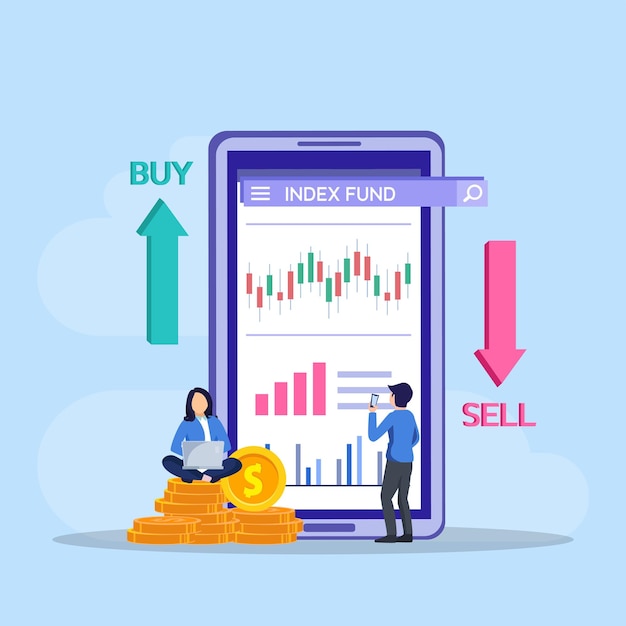 Vector index fund concept business people analyzing a growth index fund graph vector illustration