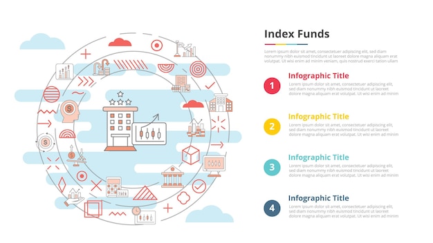 Вектор Концепция индексных фондов для инфографического шаблона баннера с четырехточечной информационной векторной иллюстрацией списка