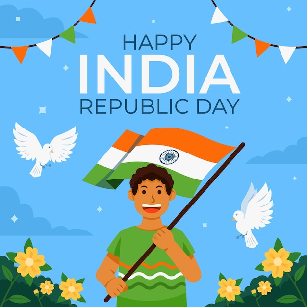 Vector india boy waving republic flag