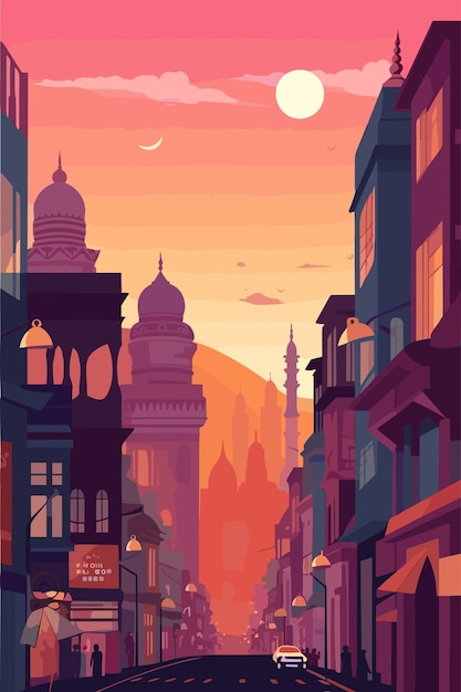 India city in the evening Vector flat illustration