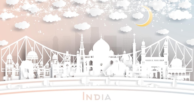 India City Skyline in Paper Cut Style with White Buildings Moon and Neon Garland