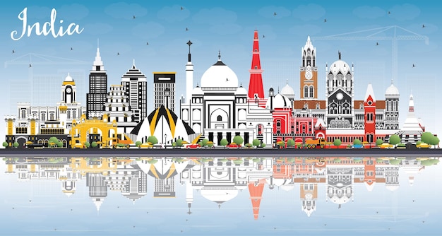 India City Skyline with Color Buildings Blue Sky and Reflections Delhi Mumbai Bangalore