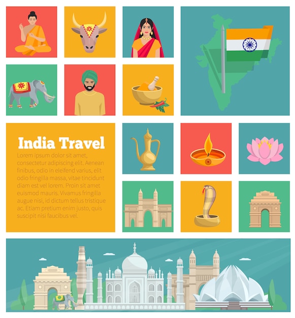 Vector india decorative flat icons with map architecture cuisine and national suits isolated vector illustration