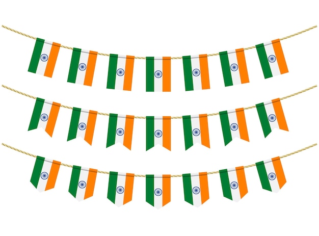 Vector india flag on the ropes on white background. set of patriotic bunting flags. bunting decoration of india flag