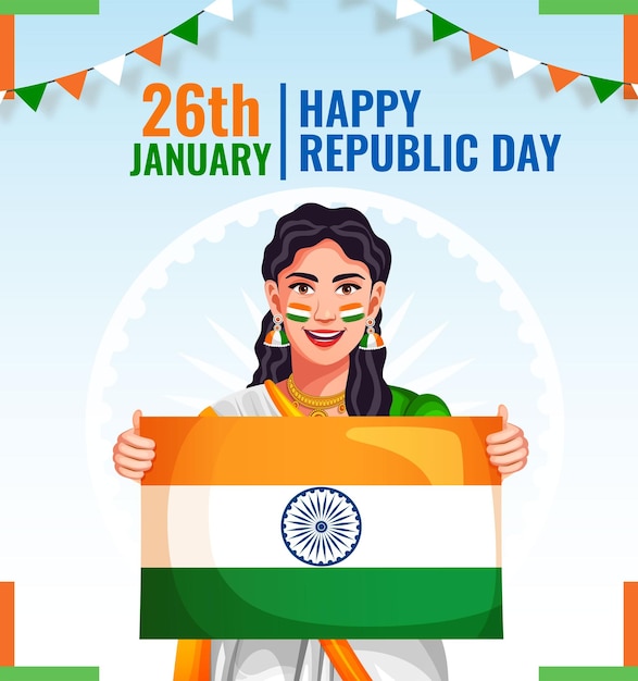 India Independence Day celebration banner Happy Indian woman smiling in traditional dress with flag