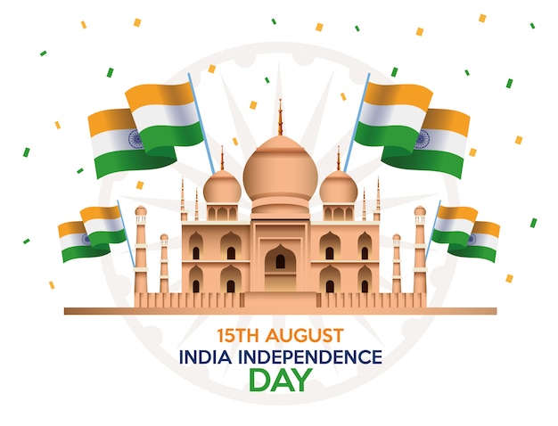 Celebrazione della festa dell'indipendenza dell'india con la moschea e le bandiere del taj mahal