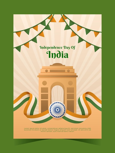 Poster della giornata dell'indipendenza dell'india con bandiera tricolore ondulata