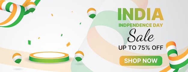 Vector india independence day sale banner design with podium balloons and confetti