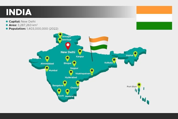 India isometrische 3d illustratie kaart Vlag hoofdsteden gebied bevolking en kaart van India