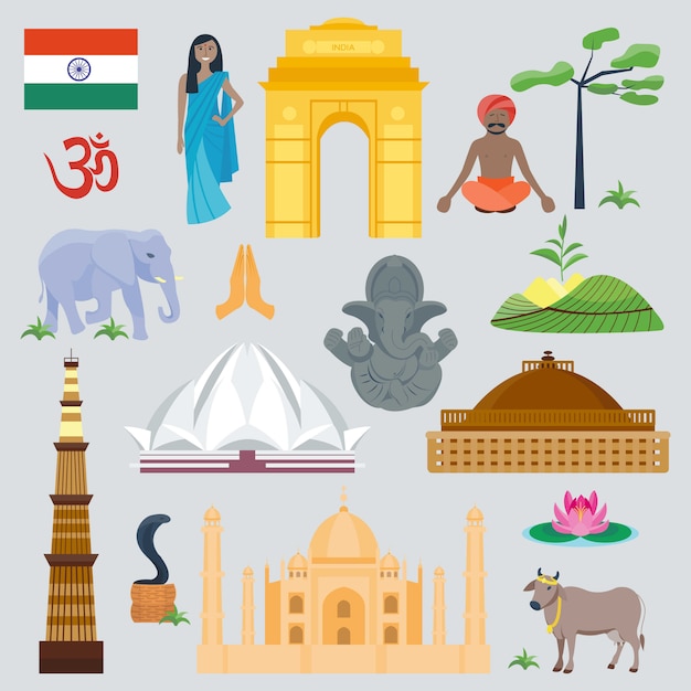 Vector india landmark global travel and journey. traditional beautiful facade culture asia architecture symbol. detailed east building and animals.